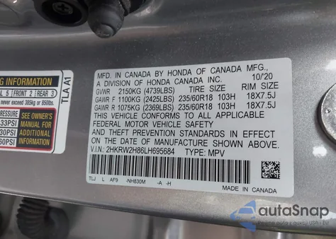2020 Honda Cr-V Awd Ex-L from USA, damaged, VIN 2HKRW2H86LH695684
